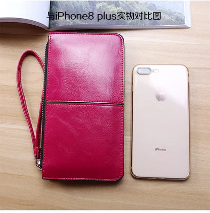 Women's Vintage Oil Wax Leather Zipper Clutch Wallet Female Large Capacity Coin Purse Ladies Wristband Simple Card Holder Wallet