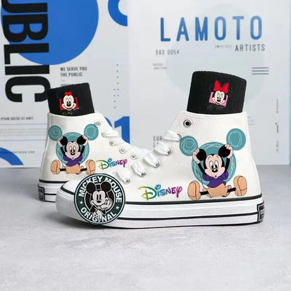 2024 Spring/Summer New Disney Mickey Printed Canvas Shoes for Boys Girls Hand Painted Sneakers Korean High Top Shoes for Women