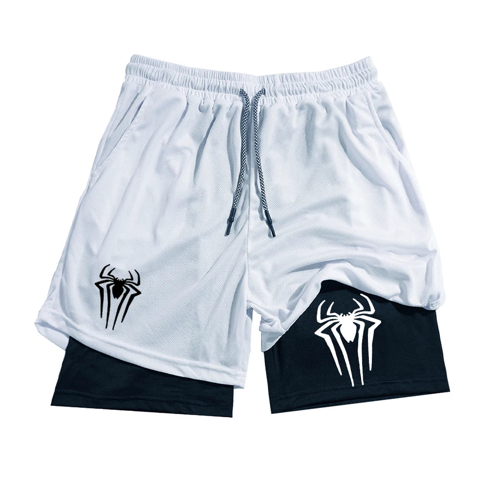 Y2K Performance Shorts Men Spider Printed GYM Casual Sports Compression Shorts Workout Running Mesh 2 In 1 Sport Short Pants