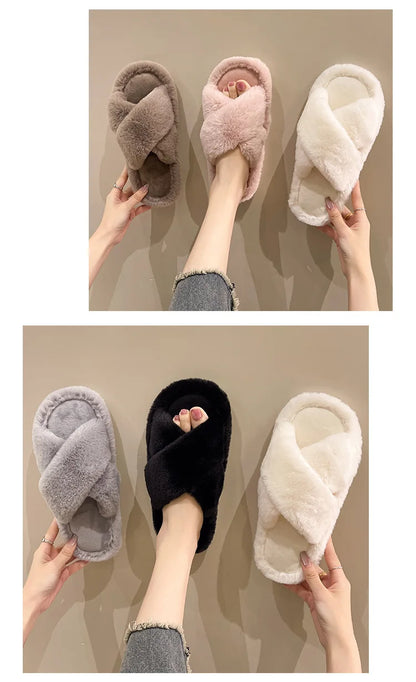 Casual Fluffy Slippers Women House Flats Plush Designer Platform Winter Shoes Girls Elegant Warm Home Fashion Popular Footwear