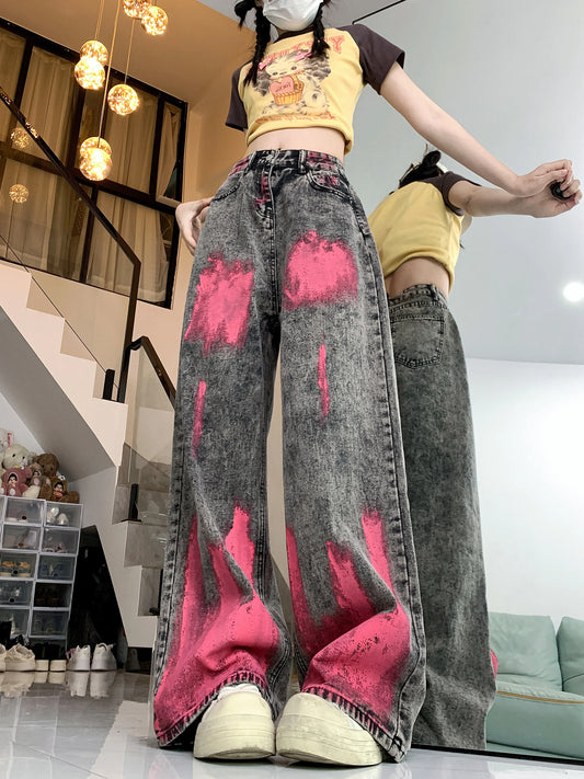 American High Street Graffiti Design Y2k Jeans Personality Vintage Wide Leg Pants Women Summer New Hip-hop Jeans for Women