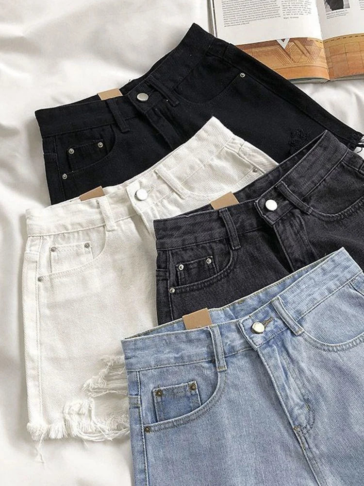 Women's Ripped Jeans Short Pants, Casual High Waist Denim Shorts, Female Clothing, Summer Pocket Hole, 2023