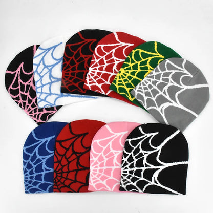 Y2K Gothic Spider Pattern Wool Acrylic Knitted Hat Women Beanie Winter Warm Beanies Grunge Hip Hop Casual Skullies Outdoor Cap