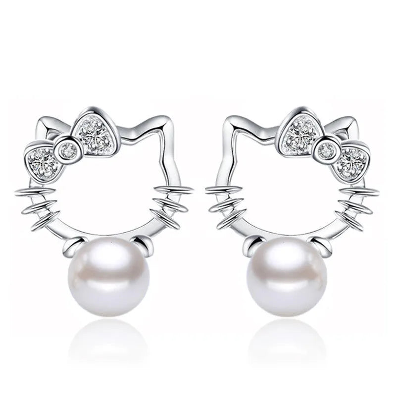 Boutique Real 925 Sterling Silver Cat Kitty Bowknot Pearl Jewelry Sets Necklace Stud Earrings Hot Sale Accessories JY106