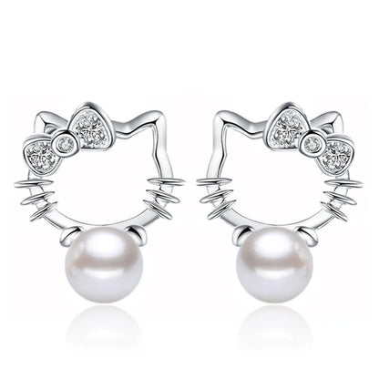 Boutique Real 925 Sterling Silver Cat Kitty Bowknot Pearl Jewelry Sets Necklace Stud Earrings Hot Sale Accessories JY106