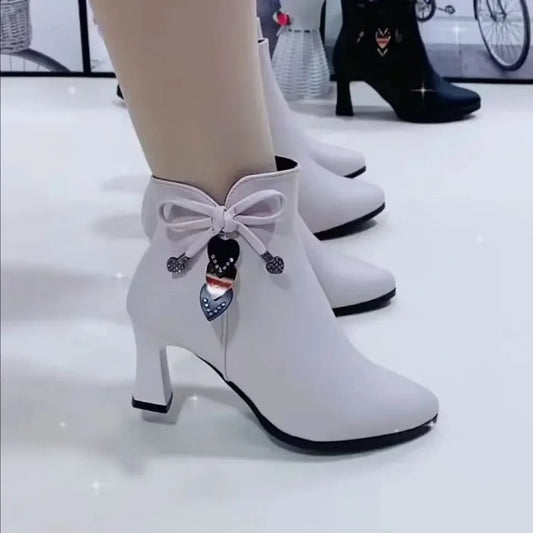 2023 high-heeled boots female spring and autumn single boots new women's shoes zip white waterproof Taiwan high-heeled shoes