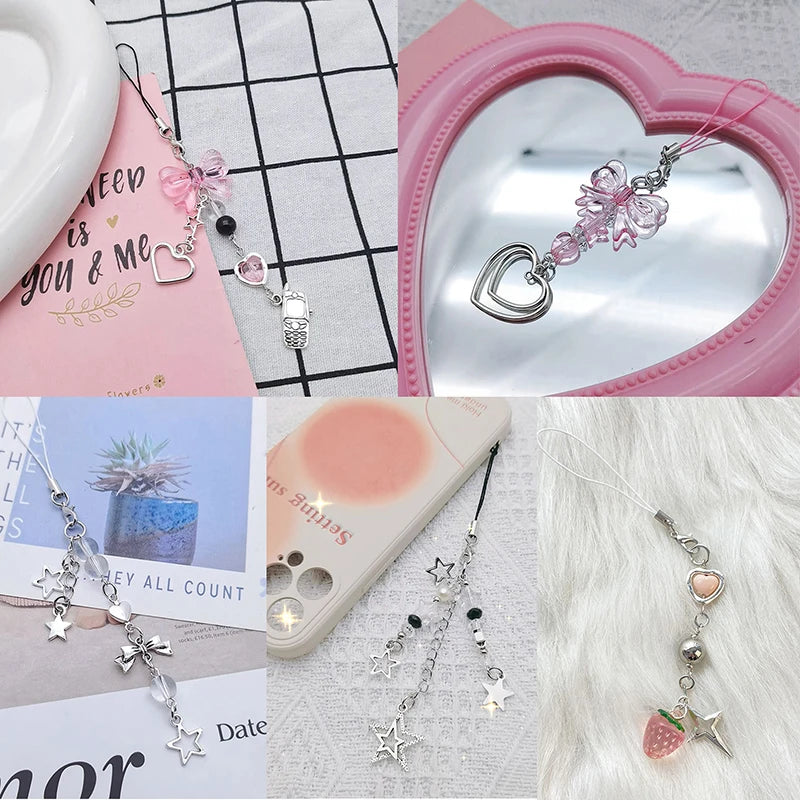 New Pink Y2K Phone Pendant Kawaii Women Love Bow Cartoon Charms Chain For Keys Bags Accessories Charms Phone Lanyard