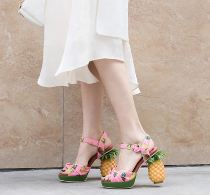 Summer Pink Pineapple Print Open-toe Platform Sandals Sweet Women High-heel Buckle Strappy Women Shoes Lovely Sandalias Mujer