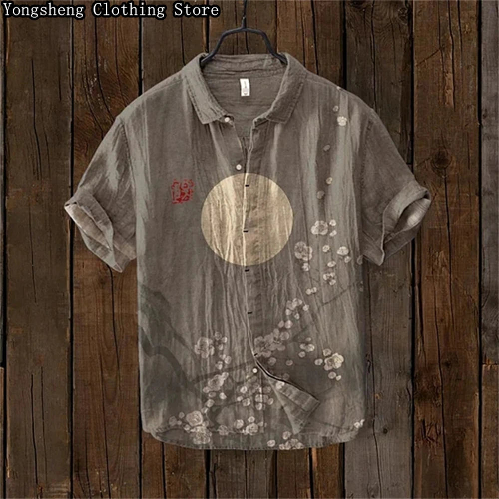 Men's Short Sleeve Linen Printed Shirt 2024 Japan Hot Selling Carp Print Holiday Daily Casual Wear Large Size XS-5XL