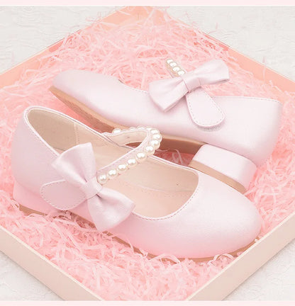 White Bow Spring and Autumn Girls High Heel Princess Shoes Pearl Tide Pumps