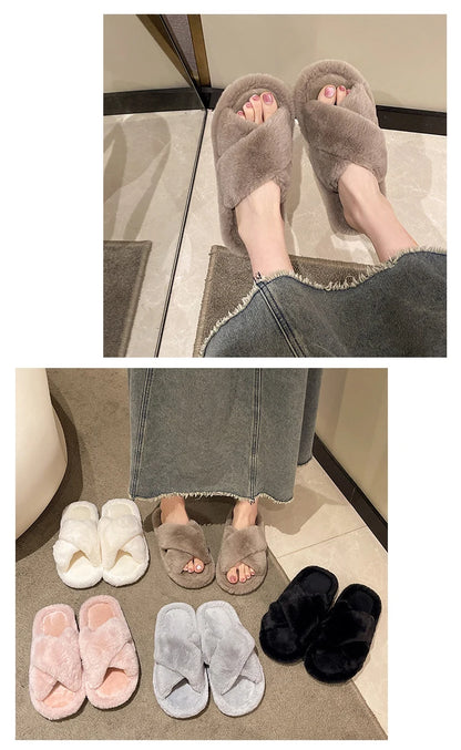 Casual Fluffy Slippers Women House Flats Plush Designer Platform Winter Shoes Girls Elegant Warm Home Fashion Popular Footwear