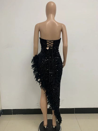 Women Evening Dresses Asymmetrical Shiny Sequins Feather Cocktail Party Dress Sexy Strapless Long Formal Prom Dresses Xiny189