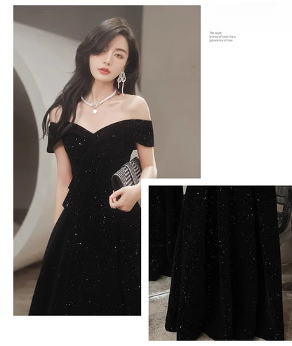 2024 New Arrival Starry Sky Velvet off-Shoulder Black Host Evening Dress Dress Banquet Temperament Winter Long