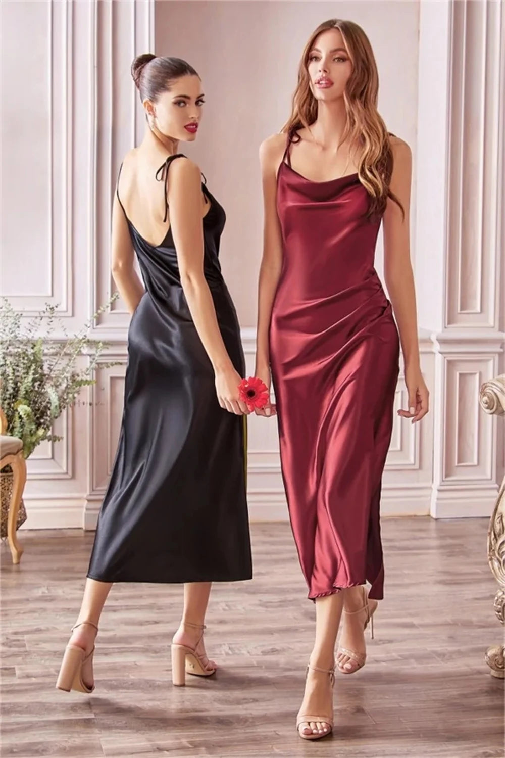 MisShow Satin Cowl Neck Women Beach Midi Dresses for Summer Sexy High Slit Sheath Evening Party Dresses for Christmas New Year