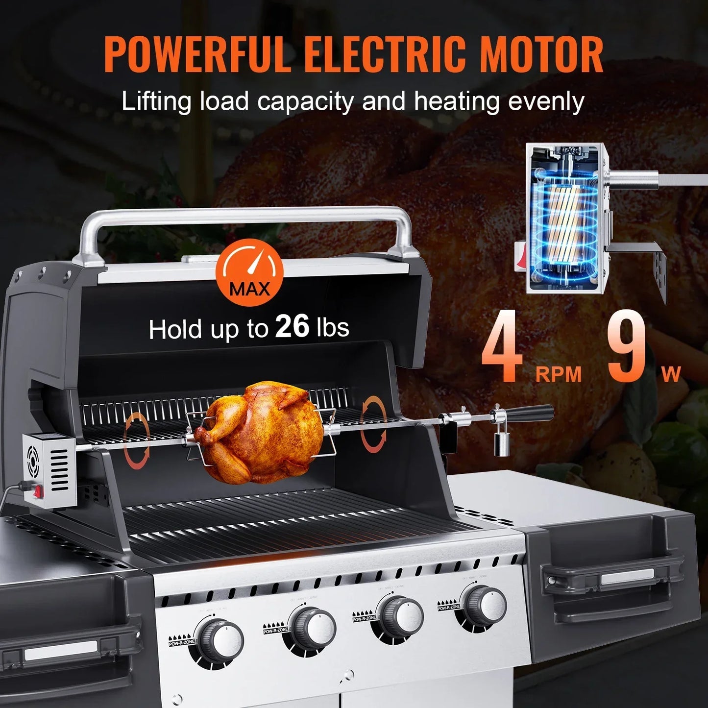 VEVOR Universal Grill Rotisserie Kit Electric BBQ Grill w/9W Motor, Stainless Steel Automatic Grilling Kit,Hexagon Spit Rod