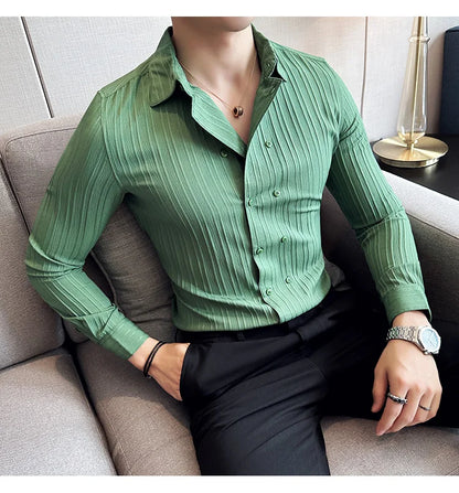 British Style Men Double Breasted Shirt 2023 Autumn New Long Sleeved Striped Slim Fit Shirts Formal Business Social Party Tuxedo