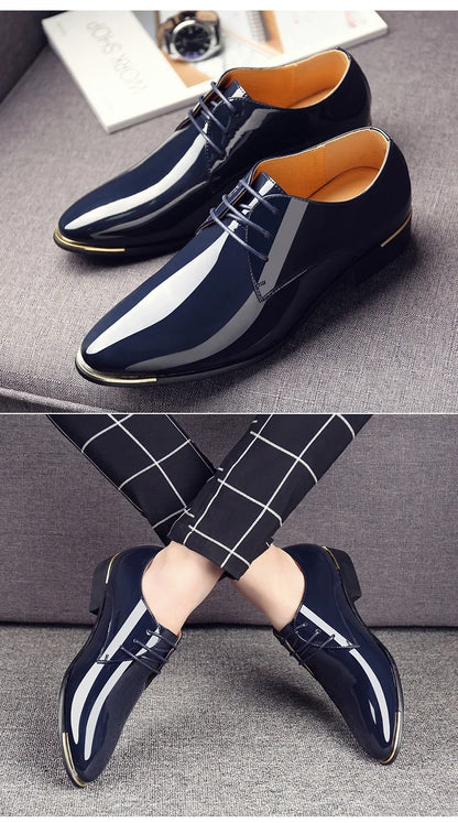 2024 New Men’s Patent Leather Shoes  British Style Men's Dress Shoes Lace Up Pointed Toe Wedding Business Party Social Shoe Male