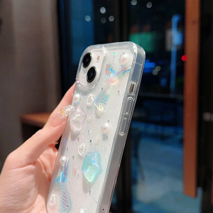 ocean mermaid starfish pearl case for iPhone 11 12 13 14 15 Pro Max 16 Plus clear soft tpu anti-slip glitter back cover