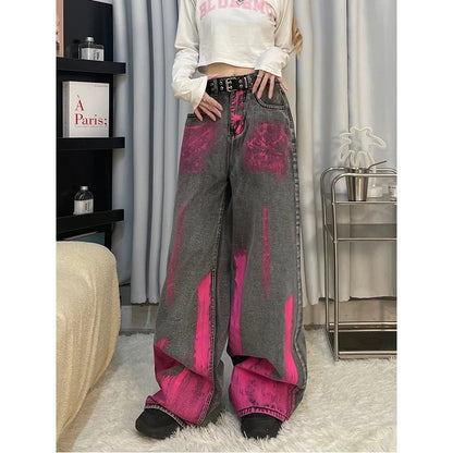 Women Black Gray Jeans Harajuku Vintage Y2k Baggy Tie-Dyed Denim Trousers Harajuku Cowboy Pants 90s Trashy Punk 2000s Clothes