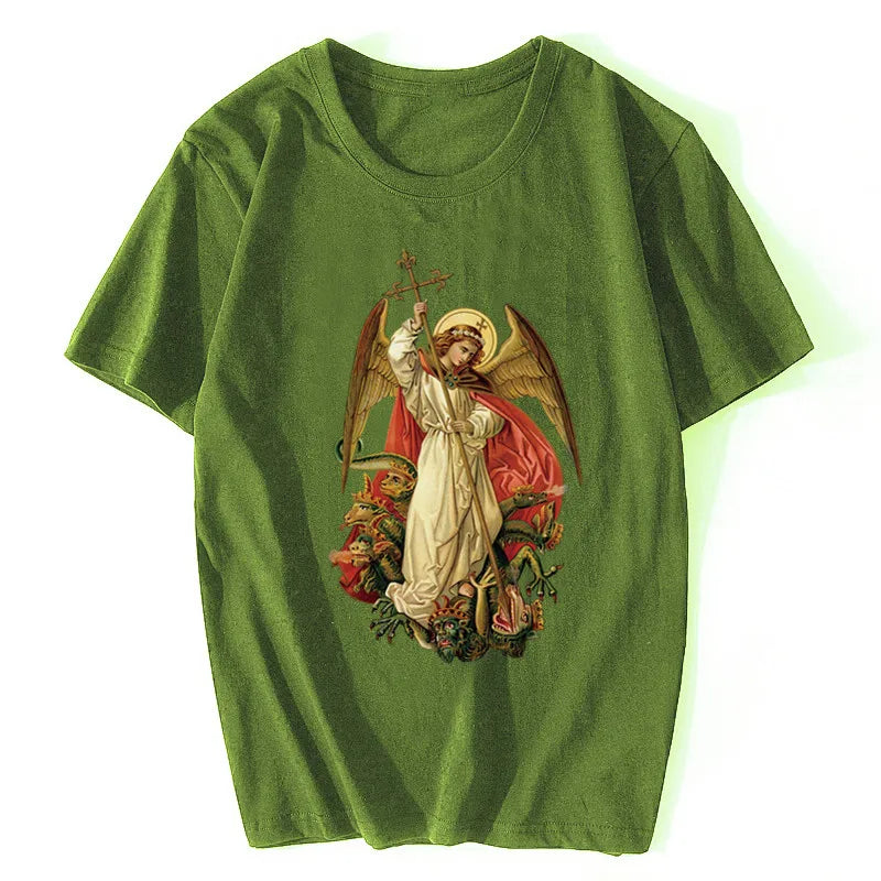 Saint Michael Destroy The Devil Catholic Christian T Shirt Men's Cotton Short Sleeve T-shirt Hip Hop Tee Top Harajuku Streetwear