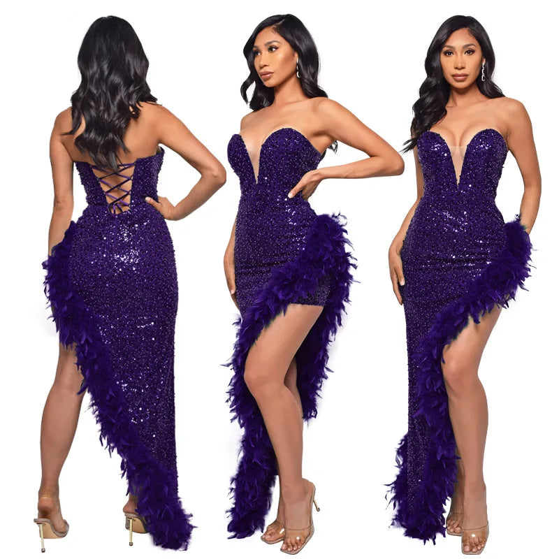 Women Evening Dresses Asymmetrical Shiny Sequins Feather Cocktail Party Dress Sexy Strapless Long Formal Prom Dresses Xiny189