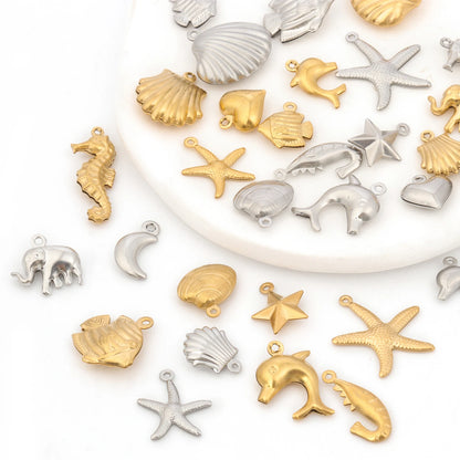 5pcs/Lot Stainless Steel Gold Color Marine Animals Dolphin Shell Starfish Elephant Moon Star Charm Pendant For Jewelry Making