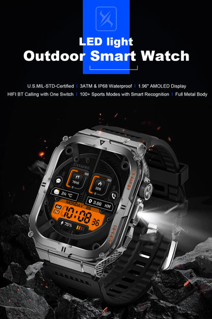 2024 men smartwatch, Bluetooth call tracker, military sports waterproof watch, digital fitness tracker smartwatch LED flashlight