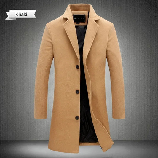 2024 Frühling Herbst Neue Lange Baumwolle Mantel Neue Wolle Mischung Reine Farbe Casual Business Mode Herren Kleidung Schlank Windjacke