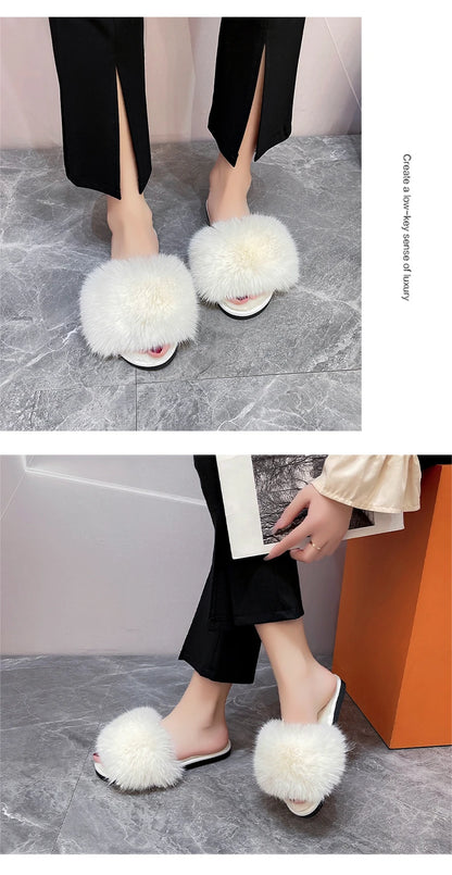 New Woman Slippers Winter Simple Word Fur Flats Soft Home Women Slippers Faux Fur Warm Bedroom Leisure Female Shoes