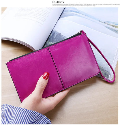 Women's Vintage Oil Wax Leather Zipper Clutch Wallet Female Large Capacity Coin Purse Ladies Wristband Simple Card Holder Wallet