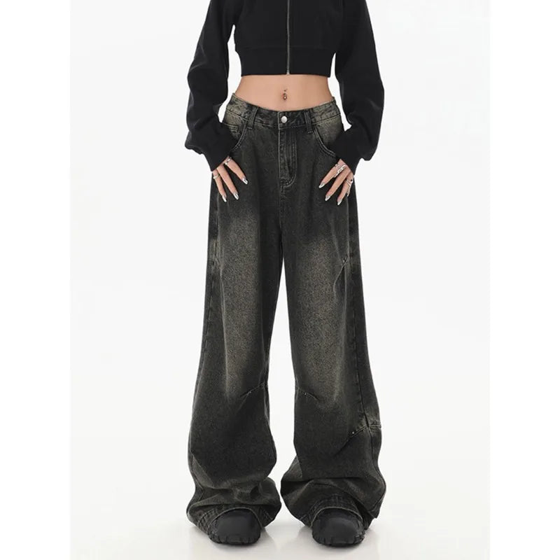 Deeptown Y2k Vintage Black Jeans Women Streetwear Baggy Denim Pants Wide Leg Harajuku Korean Trousers Goth Spring 2024 American