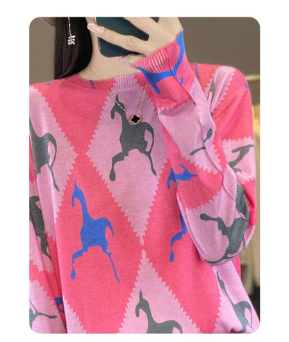 Autumn And Winter New Worsted Wool And Mulberry Silk Printed Round Neck Sweater Fashion Joker Knit Loose Bottoming Shirt Top