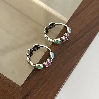 PONYKISS Real 925 Sterling Silver Colourful Enamel Flower Hoop Earrings For Fashion Women Classic Fine Jewelry Minimalist Bijoux