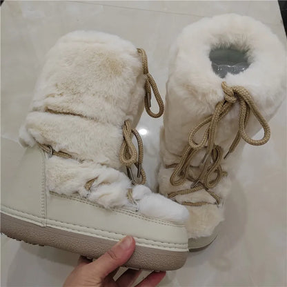 Fluffy Fur Boots 2024 Winter Fashion Sexy Faux Fox Fur Snow Boots Ladies Furry Warm Cotton Boots Female Outdoor Ski Boots