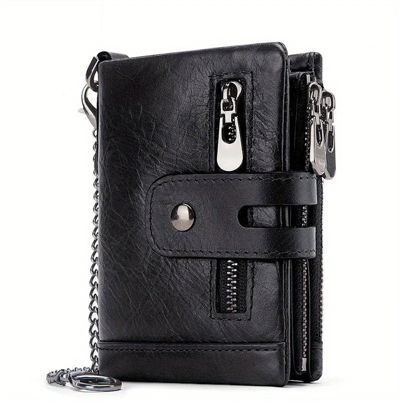 100% Genuine Leather RFID Men Cowhide Wallets Coin Purse Small Mini Card Holder Chain PORTFOLIO Portomonee Male Wallet Pocket