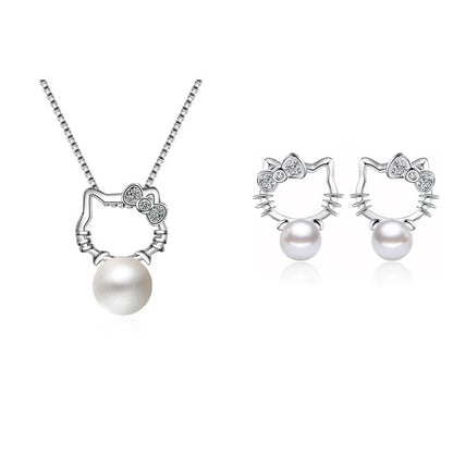 Boutique Real 925 Sterling Silver Cat Kitty Bowknot Pearl Jewelry Sets Necklace Stud Earrings Hot Sale Accessories JY106