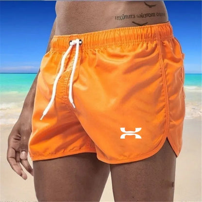 Men's swimming shorts, colorful summer swimwear, sexy, beach, surfboard