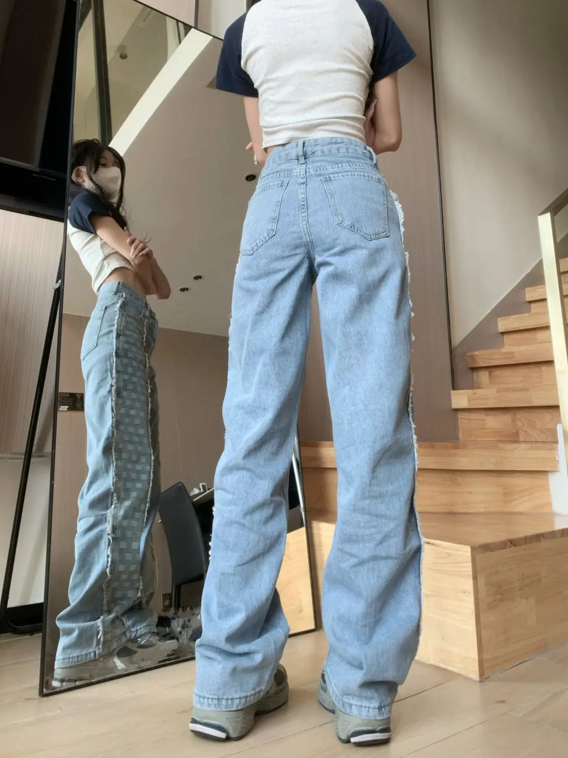 Fashion Plaid Splicing Straight Leg Jeans for Women Versatile New Korean Version High Waisted Loose Pants for Trendy Women