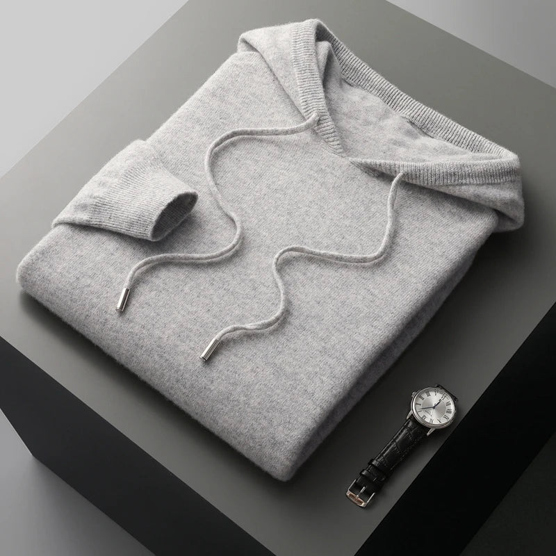 MVLYFLRT Autumn Winter New Merino Sweater Men's 100% Wool Hooded Collar Knitted Pullover Casual long Sleeved Hoodie