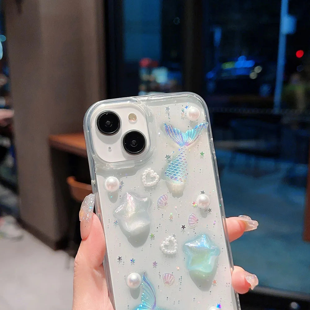 ocean mermaid starfish pearl case for iPhone 11 12 13 14 15 Pro Max 16 Plus clear soft tpu anti-slip glitter back cover