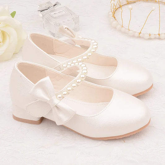 White Bow Spring and Autumn Girls High Heel Princess Shoes Pearl Tide Pumps