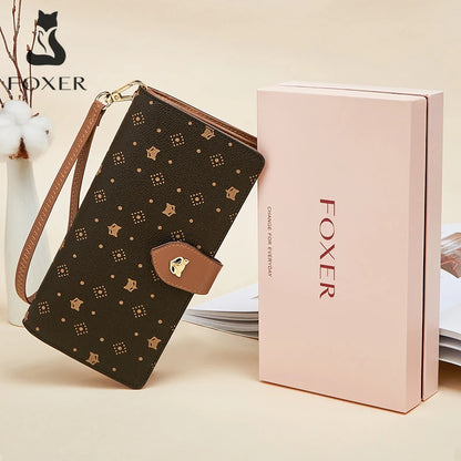 FOXER Women's Long Wallet Card Holder Stylish Money Bag Ladies Monogram Design PVC Leather With Wriststrap Bag Female Coin Purse