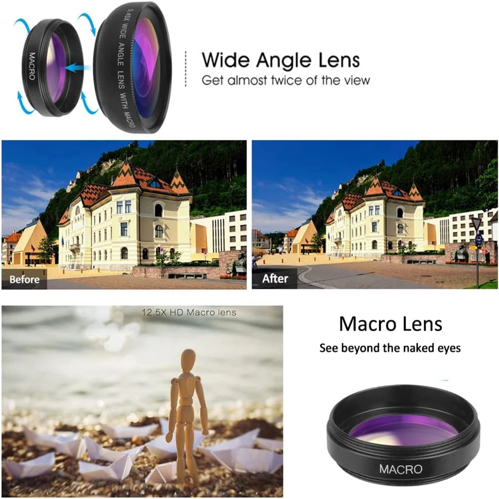 2 in1 Phone Lens 0.45x 49uv Super Wide Angle Macro Lens for iPhone 14 13 15 HUAWEI Xiaomi Smartphone Lenses with 37mm Phone Clip