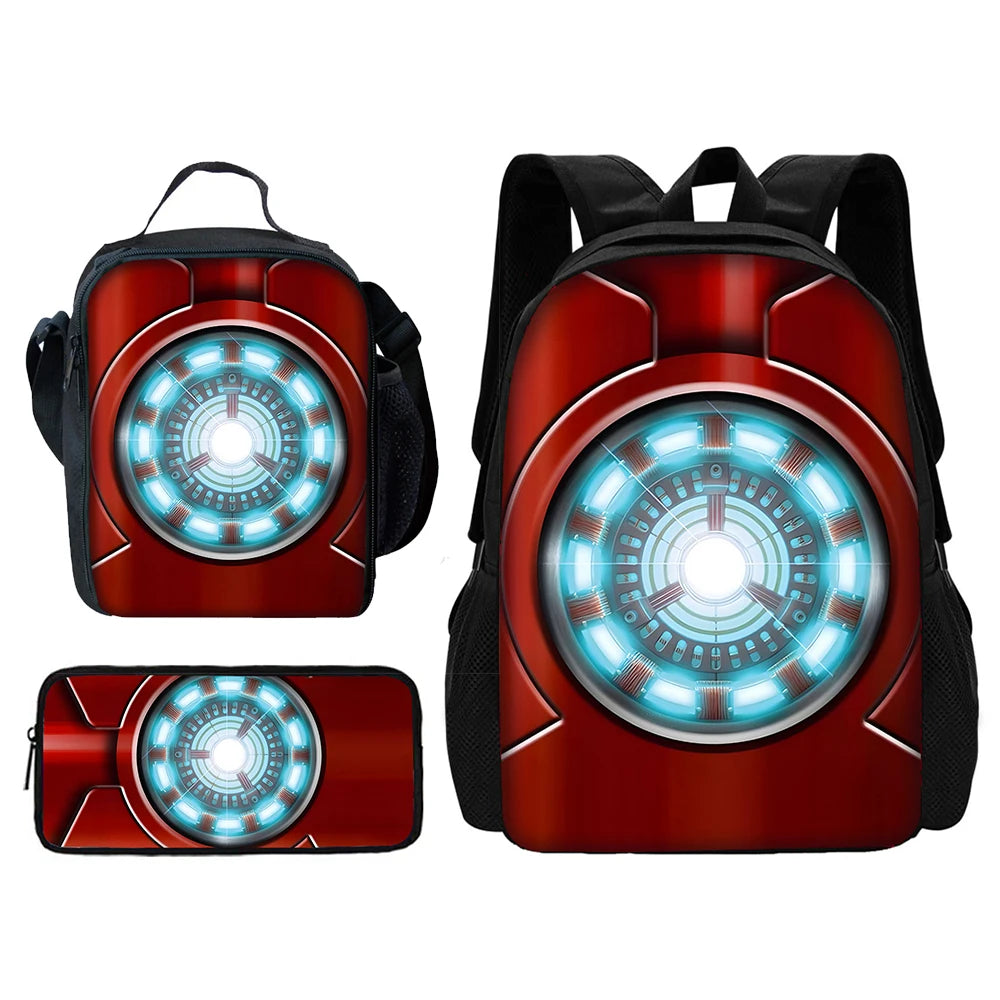 Cartoon Man M-Marvels Iron 3 pcs set Child School Backpack with Lunch Bags ,Pencil Bags School Bags for Boys Girls Best Gift