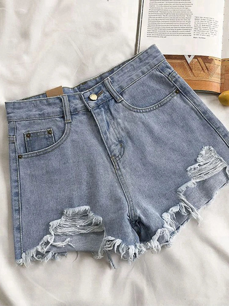 Women's Ripped Jeans Short Pants, Casual High Waist Denim Shorts, Female Clothing, Summer Pocket Hole, 2023