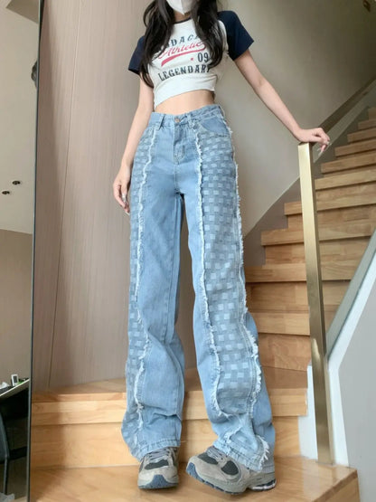 Fashion Plaid Splicing Straight Leg Jeans for Women Versatile New Korean Version High Waisted Loose Pants for Trendy Women