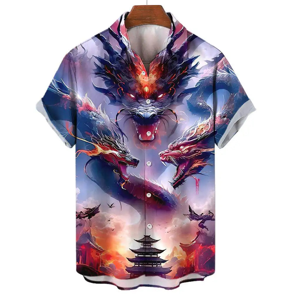 Chinese Mythology Dragon Print Summer Men's Casual Short-sleeved Shirt Street Hip-hop Trend Tops Oversized T-shirt Size S-5XL