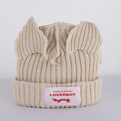 2023 Loverboy Cat Ear Knit Hat solid Warm Pig Ear Woolen Hat Cute Fashion Hooded Cap Niche Design Hip-hop Personality Cold Hat