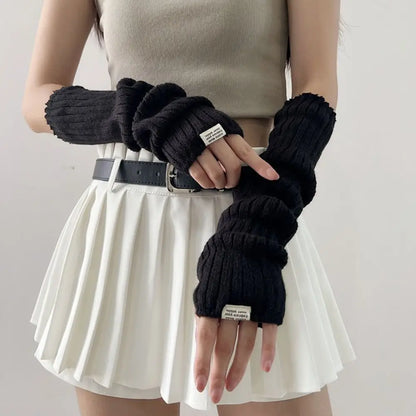 Fingerless Long Wrist Gloves Arm Warmers False Sleeves Knitted Gloves Finger Sleeves Cover Black White Half Finger Gloves