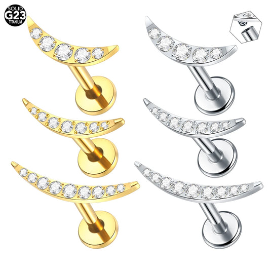 1/5PCS Titanium 16G Crescent Moon PIERC Ear Cartilage CZ Paved Top Labret Stud Tragus Helix Earring Piercings Lip Women Jewelry